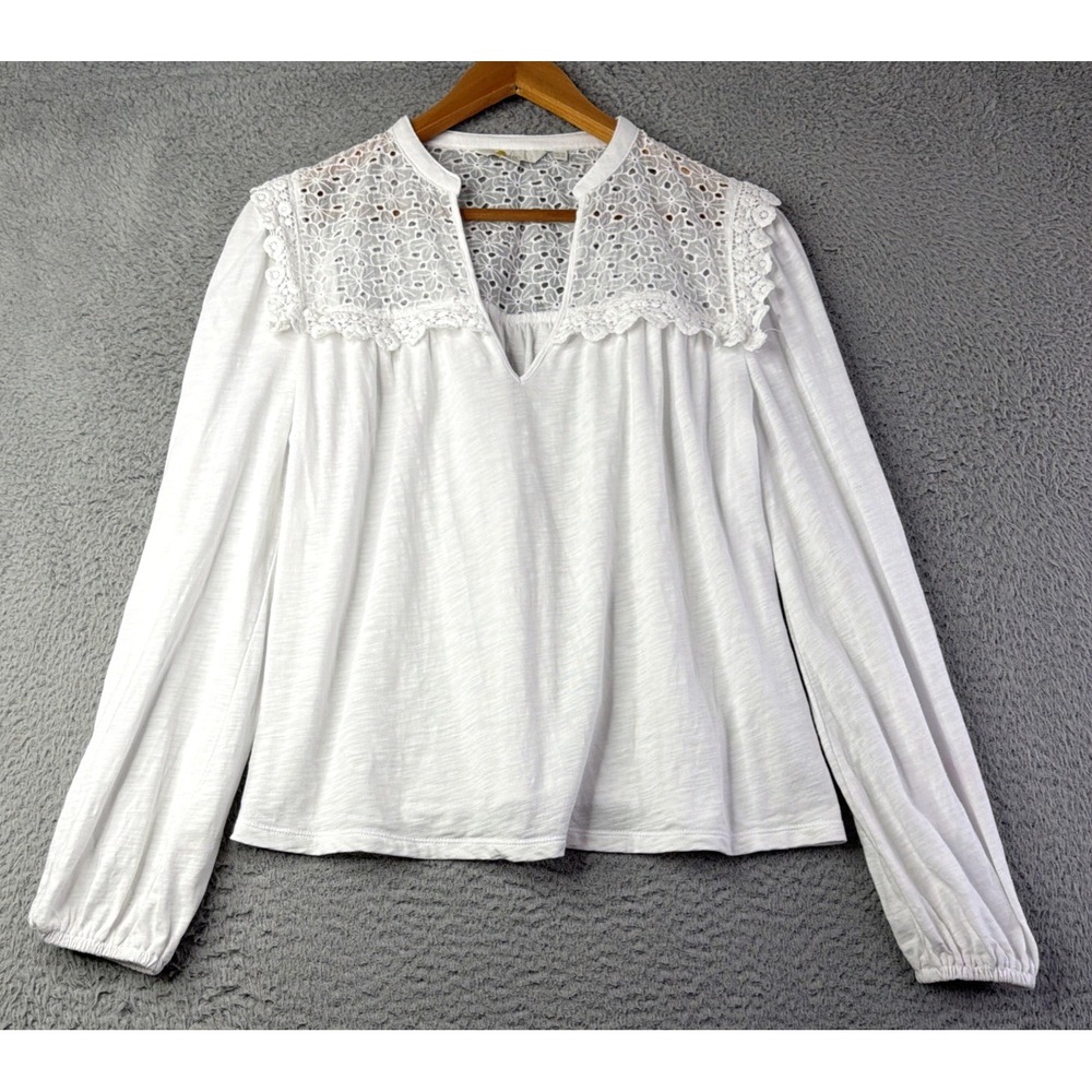 Boden Blouse Womens Size 10 White Eyelet V-Neck Long Sleeve Cotton Blend Boden - Picture 1 of 9